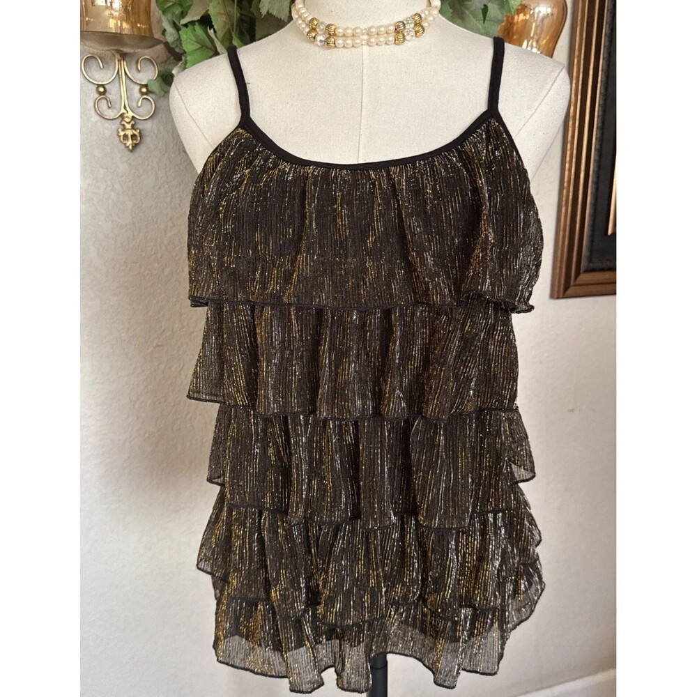 Y2K Metallic Tank Top Ruffles Formal Tier Metallic Sparkle Elegant Disco Size L